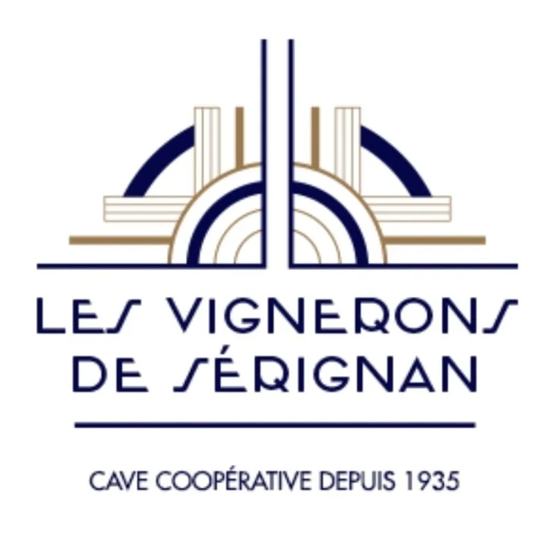 Logo Vignerons de Sérignan : Cave Coopérative 1935 Logo Art Déco bleu marine et doré des Vignerons de Sérignan, Cave Coopérative depuis 1935.