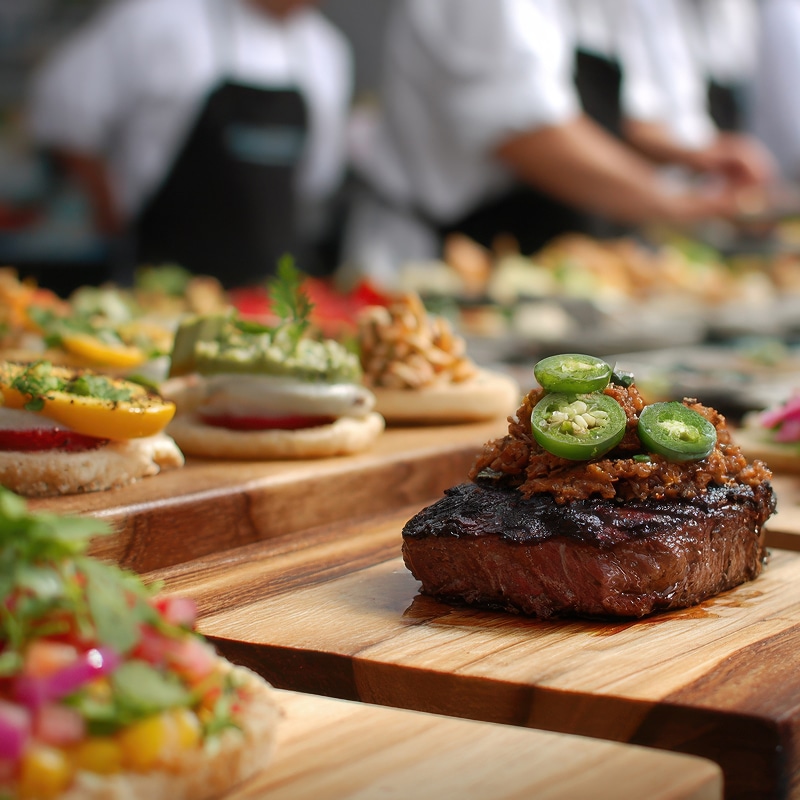 Morceau de steak grillé nappé de relish épicée et de rondelles de jalapeño, avec divers amuse-bouches en arrière-plan devant des chefs en cuisine.